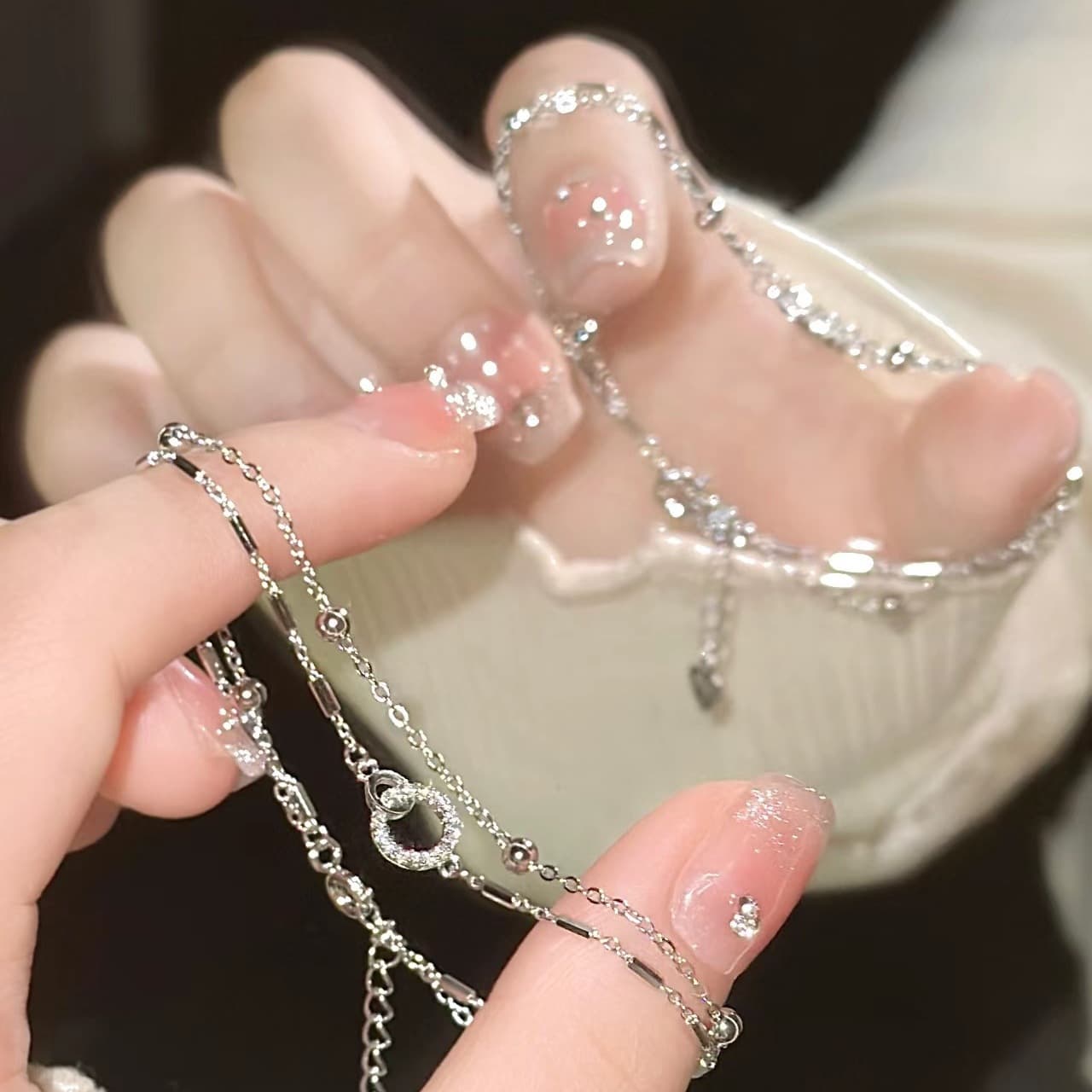 レディースブレスレット 二連輝きハートチャームブレスレット