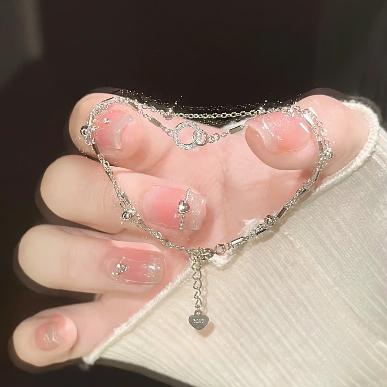 レディースブレスレット 二連輝きハートチャームブレスレット