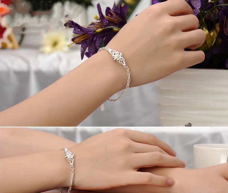 レディースブレスレット 花模様の輝き 細身チェーンブレスレット
