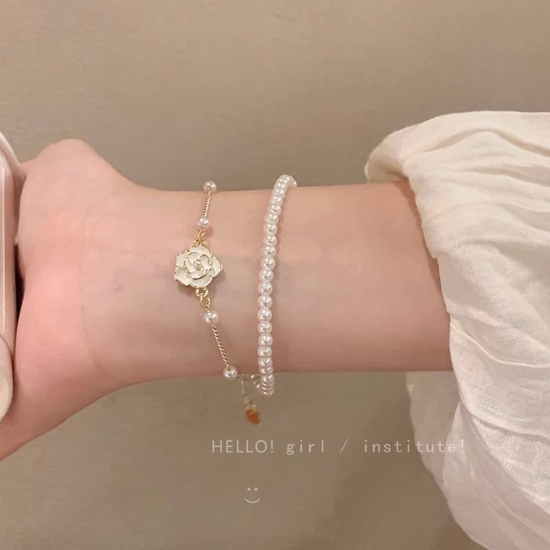 レディースブレスレット 薔薇と真珠の二連ブレスレット